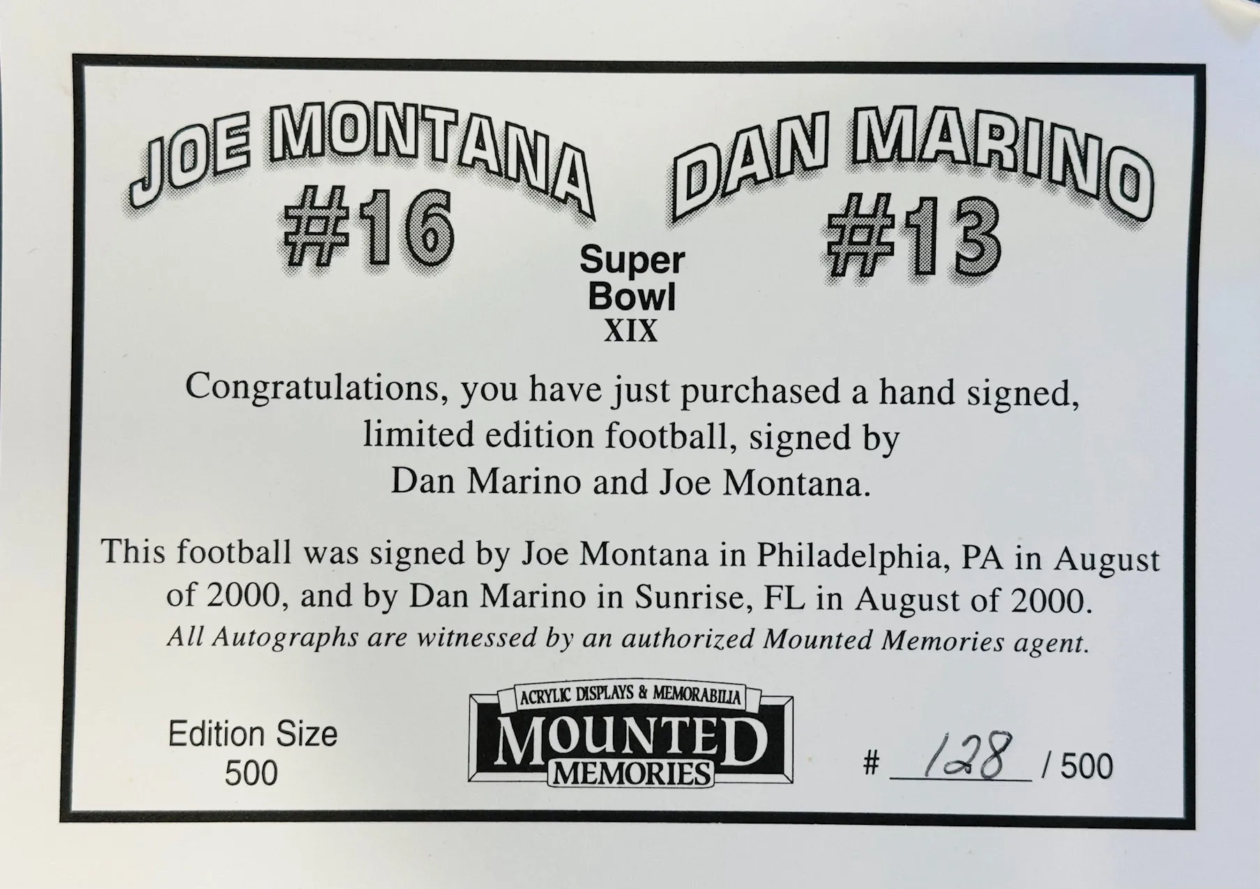 Joe Montana & Dan Marino Signed Super Bowl XIX Official Football LE/500 (Mtd Mem)