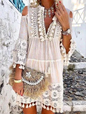 Women's Spliced Lace Off-shoulder Long-sleeve V-neck Mini Dress Holiday