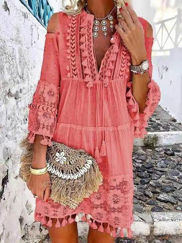 Women's Spliced Lace Off-shoulder Long-sleeve V-neck Mini Dress Holiday