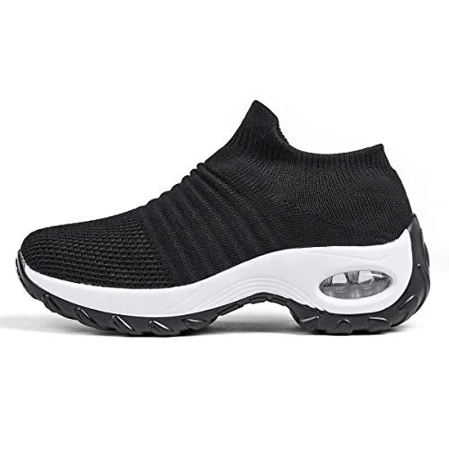 Women's Walking Shoes Sock Sneakers - Mesh Slip On Air Cushion Lady Girls Modern Jazz Dance Easy Shoes Platform Loafers Black&White,5.5