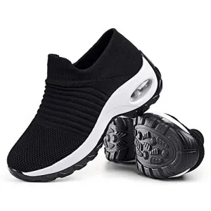 Women's Walking Shoes Sock Sneakers - Mesh Slip On Air Cushion Lady Girls Modern Jazz Dance Easy Shoes Platform Loafers Black&White,5.5